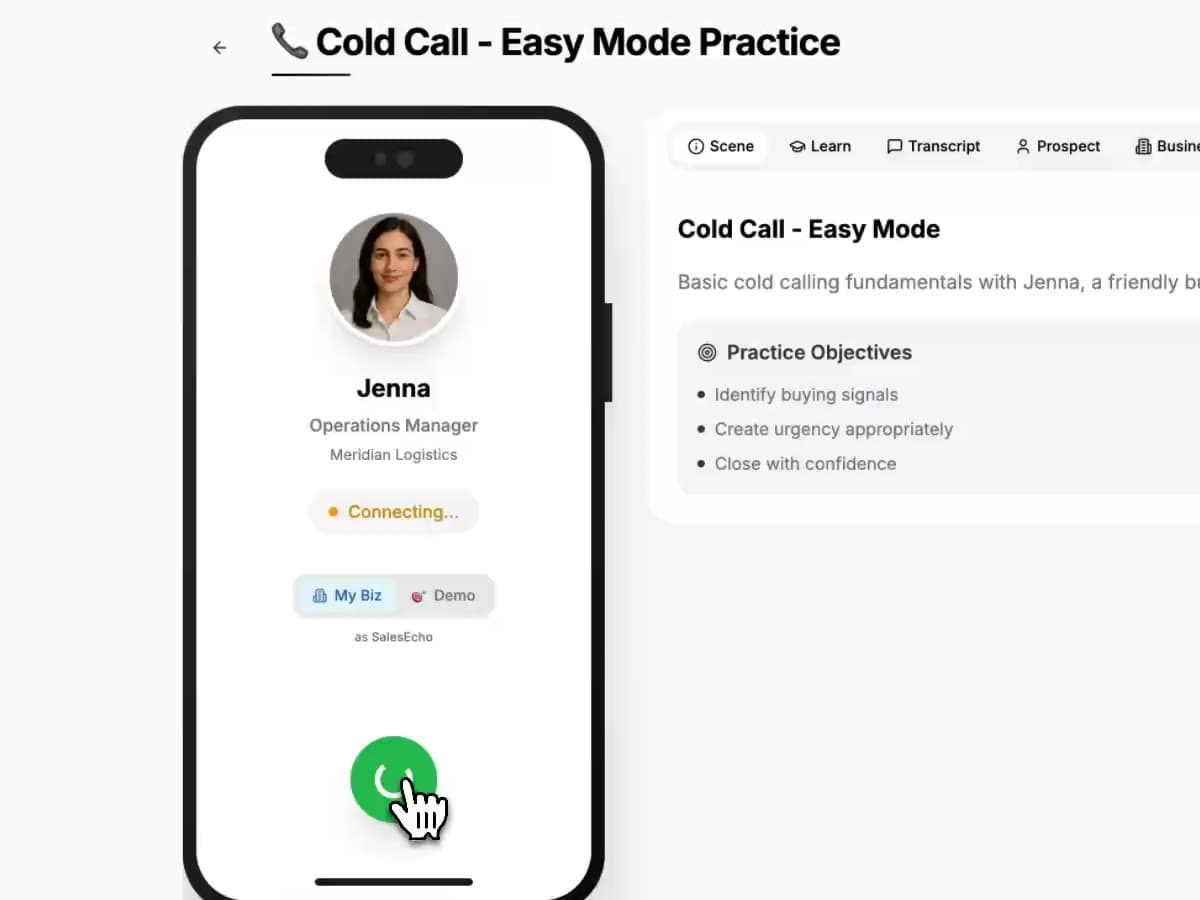 The Jenna cold call practice screen in SalesEcho